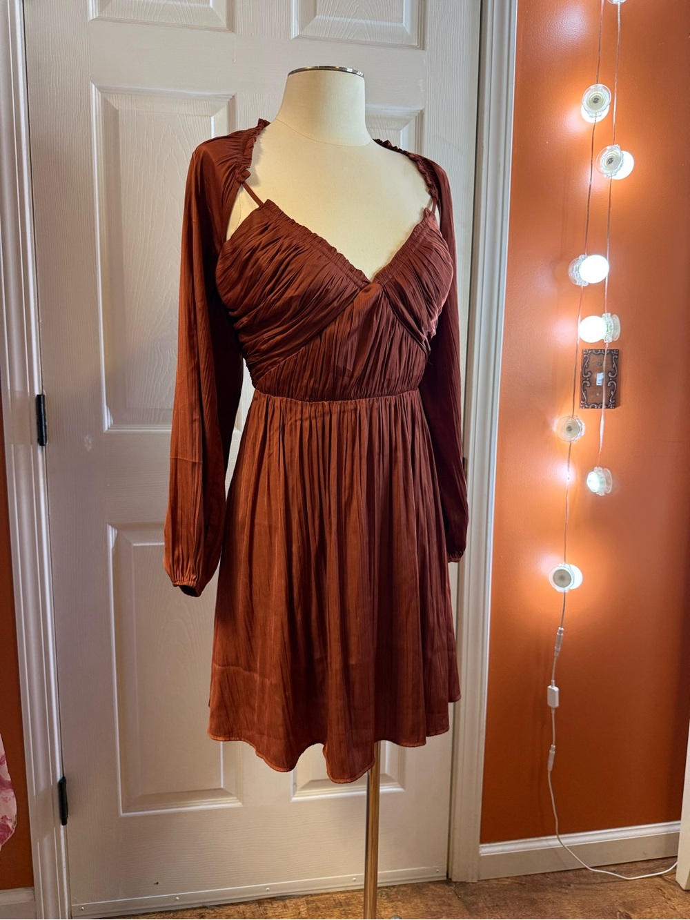 Anthropologie Rust Long-Sleeve V-Neck Pleated Dress